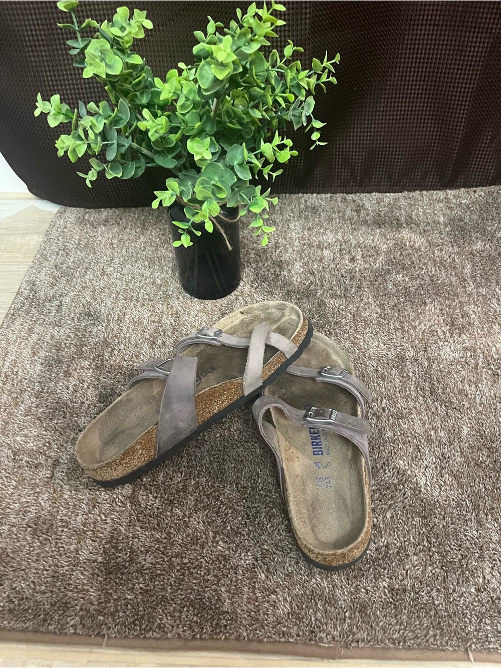 Birkenstock Taupe Suede Crossover Slide Sandals